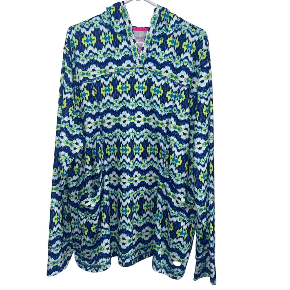 Reel Legends Womens 3X Hooded Performance Top Blue Lime Ikat Print Thumbholes